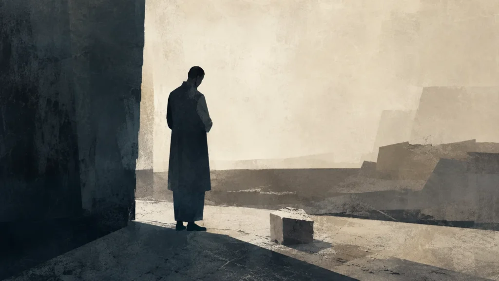 Ilustración editorial de Nehemías ante una piedra y un paisaje en ruinas, símbolo del liderazgo que nace de la compasión, la oración y la reconstrucción.