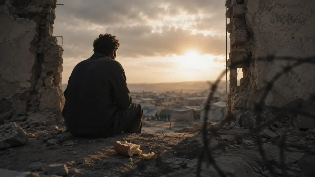 Hombre sentado entre ruinas mira un campamento devastado al atardecer, evocando la dignidad humana, Primo Levi y la parábola del rico y Lázaro.