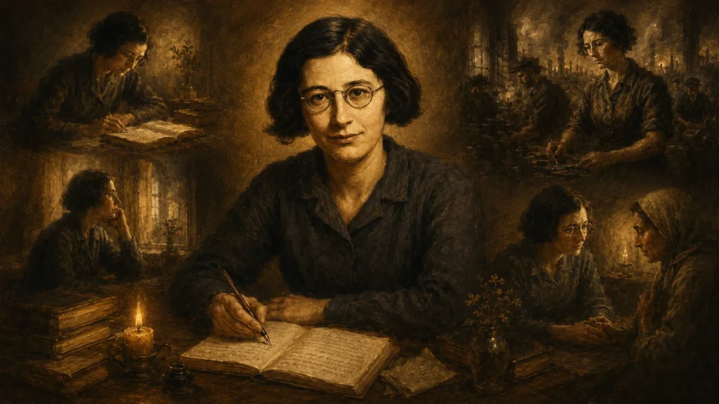 Ilustración de Simone Weil escribiendo en un cuaderno, rodeada de escenas de estudio, trabajo, contemplación y escucha compasiva.