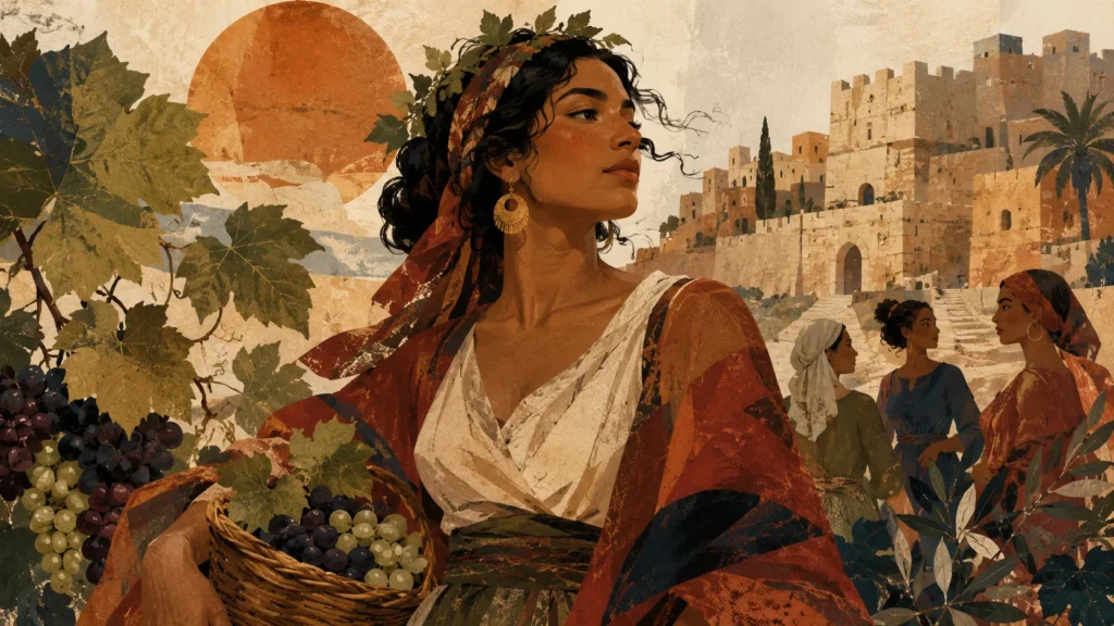 Ilustración editorial de la Sulamita en el Cantar de los Cantares, con viñedos, ciudad antigua y mujeres como símbolo de cuerpo femenino, belleza y libertad.
