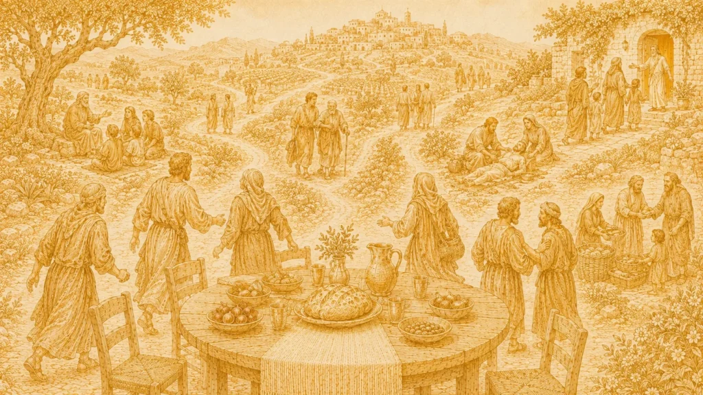 Mesa compartida de la que personas salen al camino para vivir el discipulado, la misión y la transformación social en comunidad.