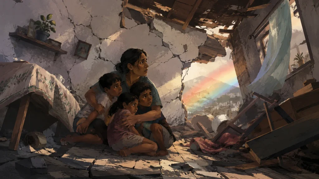 Ilustración de una madre protegiendo a sus hijos entre escombros tras un terremoto, con un arcoíris al fondo como signo de esperanza.