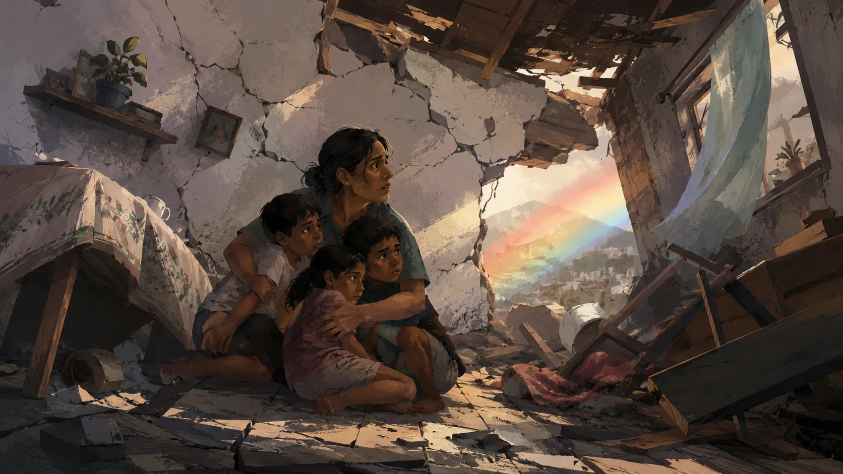 Ilustración de una madre protegiendo a sus hijos entre escombros tras un terremoto, con un arcoíris al fondo como signo de esperanza.