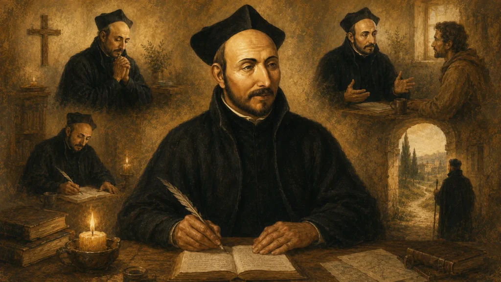 Ignacio de Loyola escribiendo y orando, ilustración sobre discernir mejor en medio de la vida diaria desde la espiritualidad ignaciana.