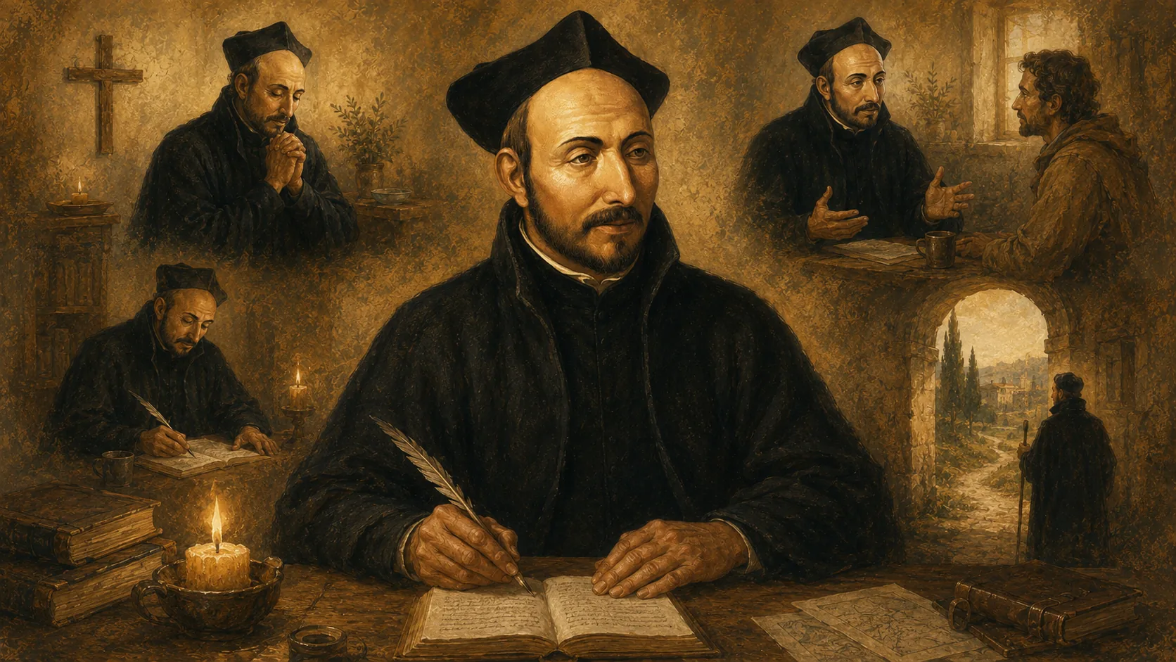 Ignacio de Loyola escribiendo y orando, ilustración sobre discernir mejor en medio de la vida diaria desde la espiritualidad ignaciana.