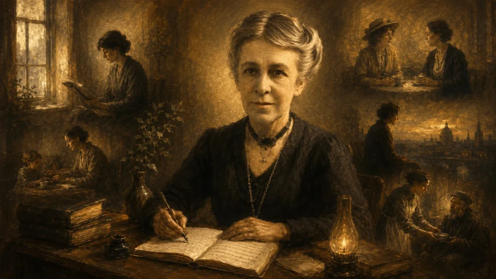 Ilustración editorial de Evelyn Underhill escribiendo en un escritorio, rodeada de escenas de oración, atención y servicio en la vida ordinaria.