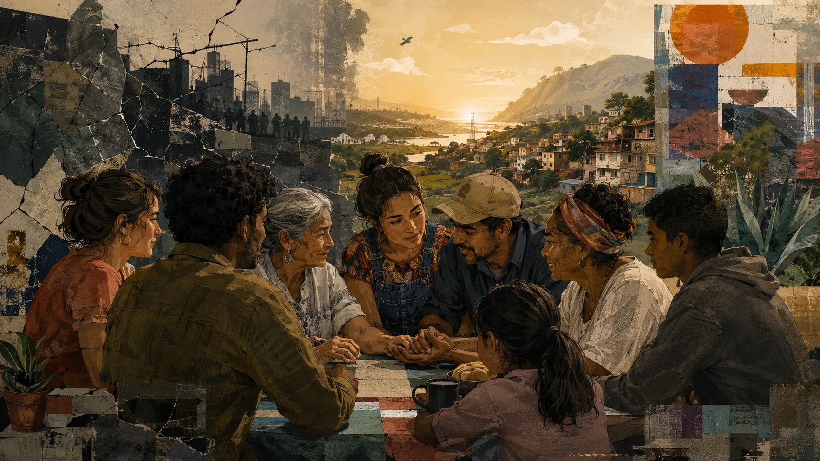 Comunidad latinoamericana reunida en torno a una mesa como signo de solidaridad relacional, cuidado y ética de Cristo ante los riesgos globales.