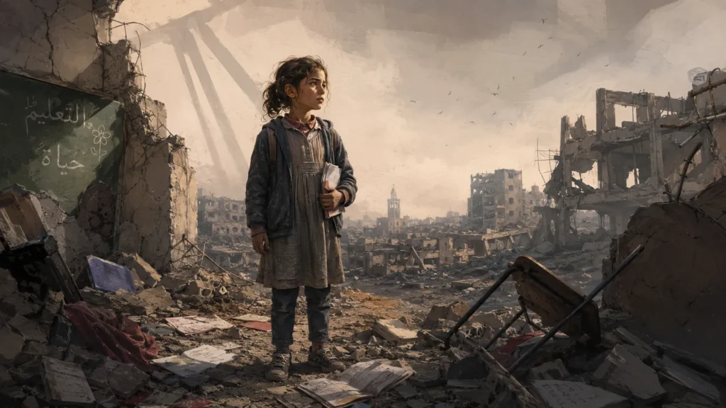 Ilustración editorial de una niña palestina entre ruinas en Gaza, rodeada de escombros, cuadernos y edificios destruidos.