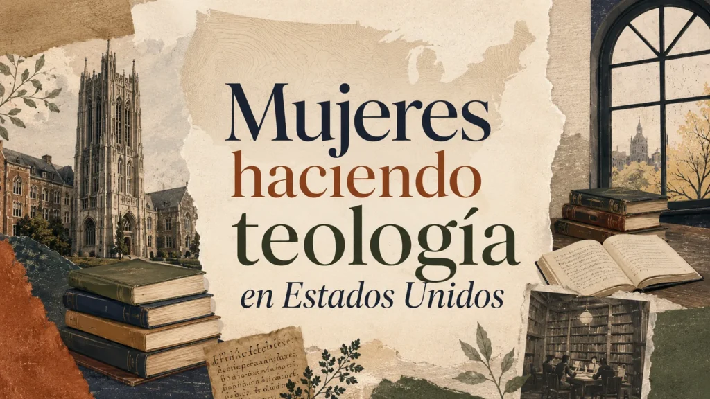 Mujeres haciendo teología en Estados Unidos, ilustración editorial con libros, universidad, biblioteca y mapa en estilo collage académico.