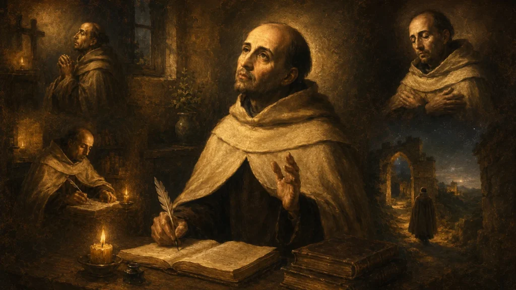 Juan de la Cruz escribiendo a la luz de una vela, en una imagen sobre la noche oscura del alma, la oración y la espiritualidad cristiana.
