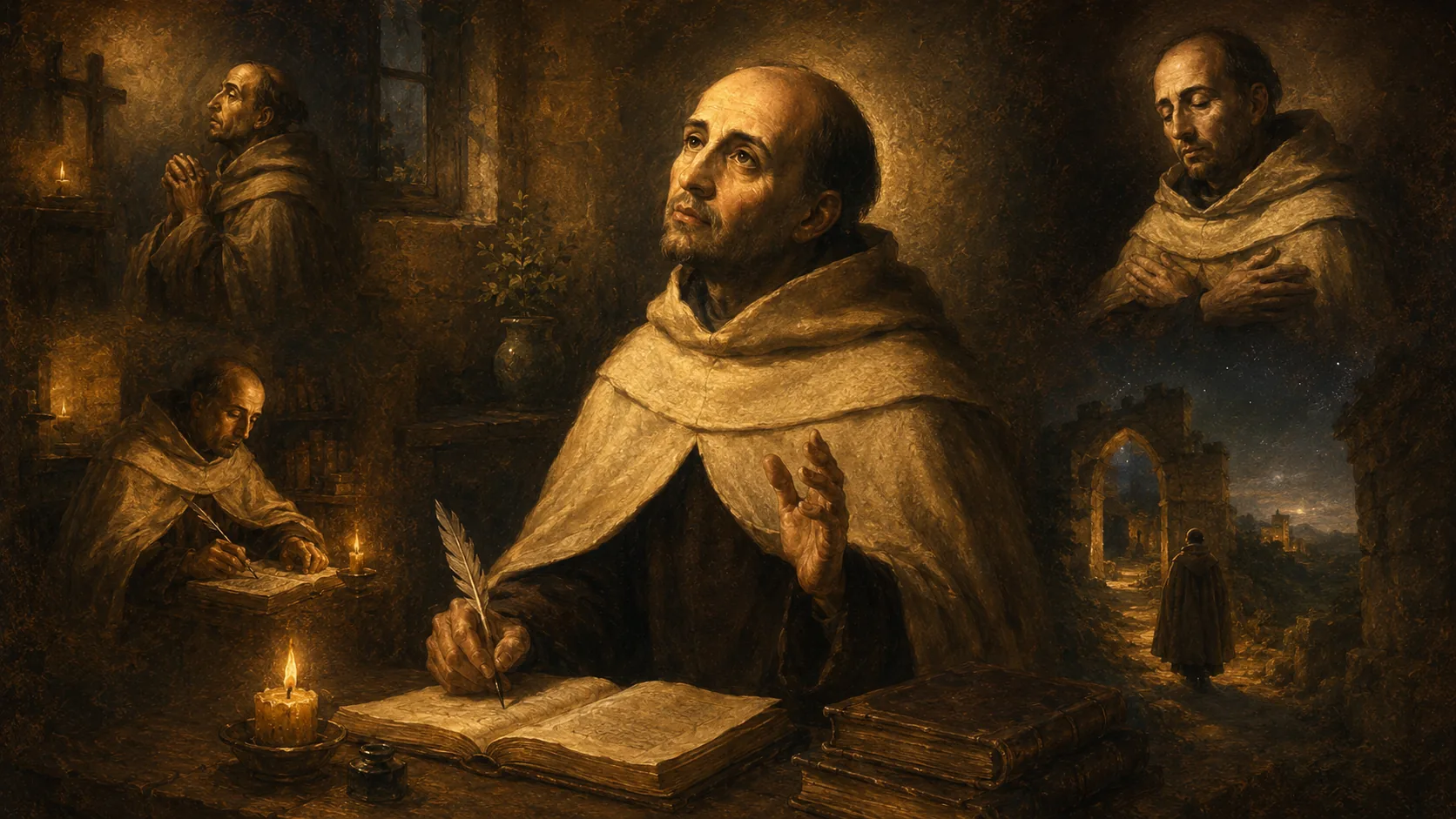 Juan de la Cruz escribiendo a la luz de una vela, en una imagen sobre la noche oscura del alma, la oración y la espiritualidad cristiana.