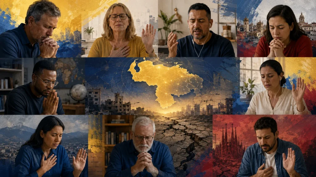 Líderes cristianos oran por Venezuela tras el terremoto, en una ilustración editorial con los colores de la bandera venezolana.