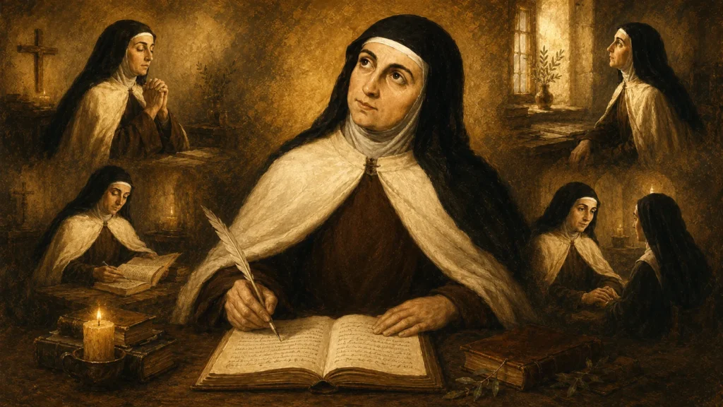 Teresa de Ávila escribiendo en un libro con escenas de oración, contemplación y amistad espiritual, imagen para artículo sobre orar con más verdad y humanidad.