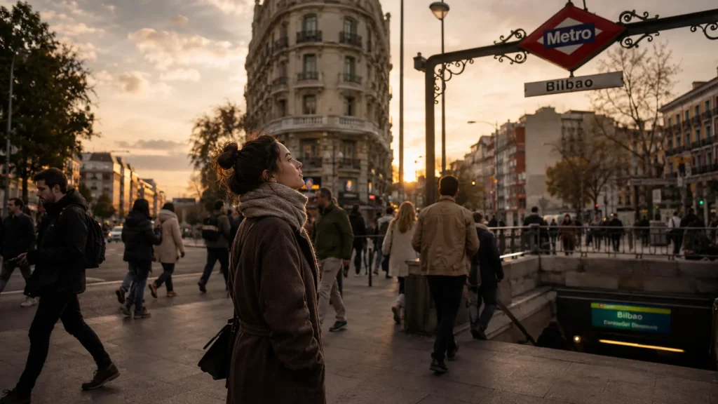Mujer contemplativa en una estación del metro de Madrid al atardecer, en una escena urbana sobre religión y espiritualidad en España.