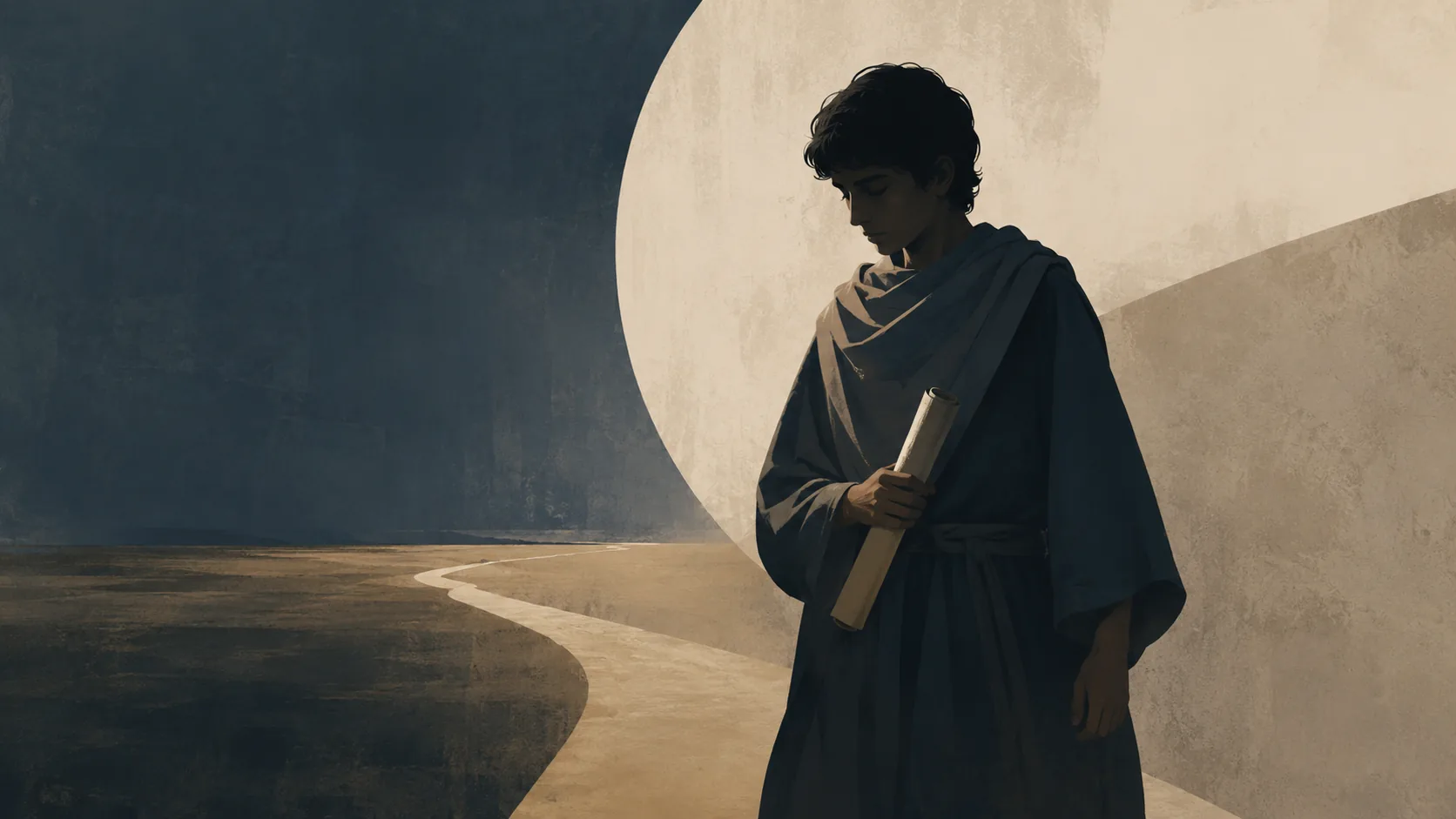 Ilustración editorial de Samuel sosteniendo un pergamino en un camino de luz, símbolo de la palabra de Dios para Israel.