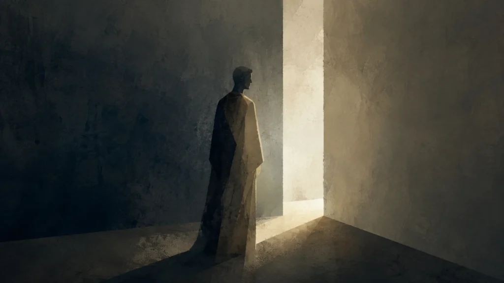 Ilustración editorial de Samuel ante un umbral de luz, símbolo de renovación espiritual y discernimiento en medio de la crisis religiosa de Israel.