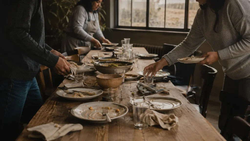 Personas recogiendo platos después de una comida comunitaria, imagen sobre servicio cristiano y reino invertido de Jesús.