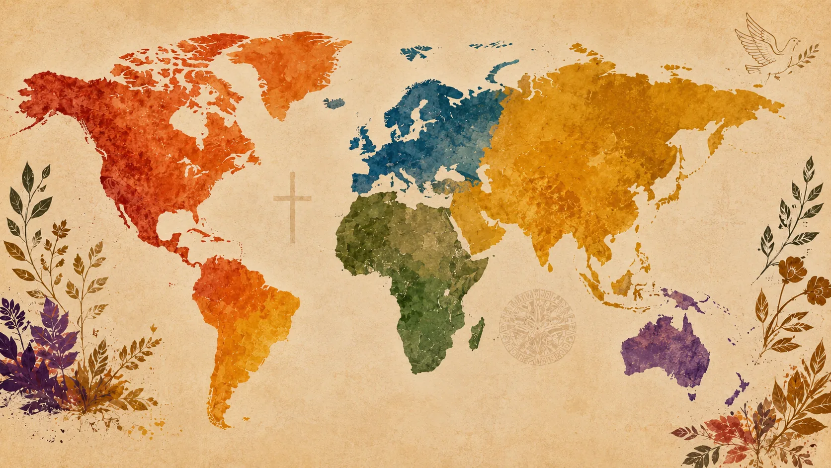 Mapa mundi en acuarela con elementos botánicos para ilustrar la serie Teólogas en el cristianismo global de Yenny Delgado.