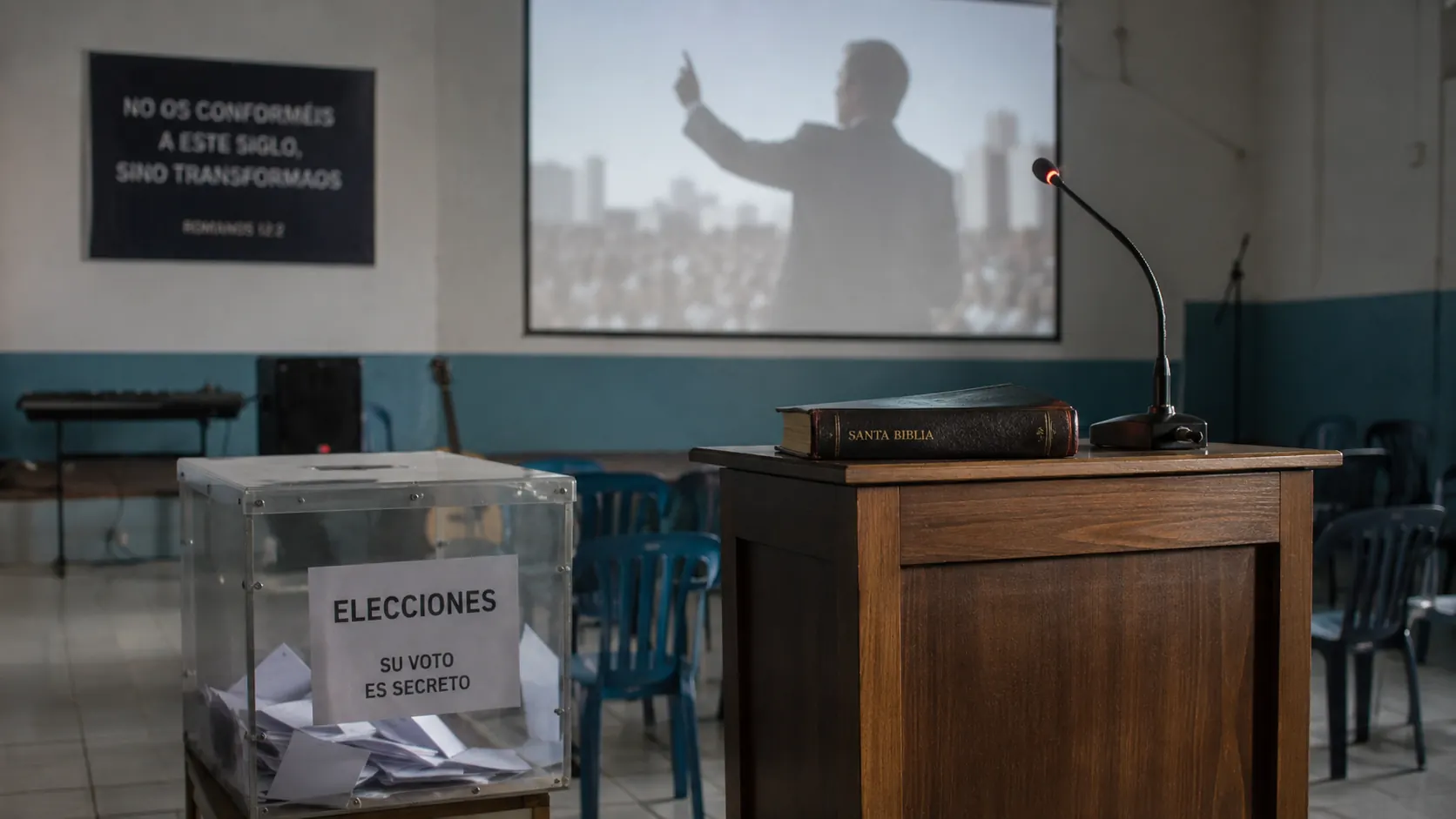 Urna electoral junto a un púlpito con una Biblia, mientras un líder político aparece proyectado ante una multitud.