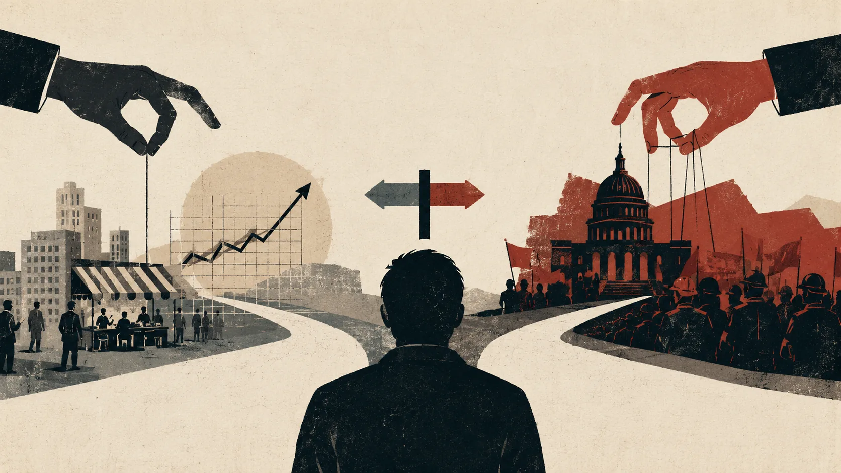 Ilustración editorial sobre la tensión entre derecha democrática y extrema derecha, con una figura ante dos caminos: mercado libre y poder autoritario.