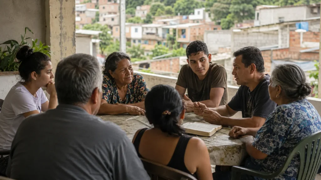 Comunidad evangélica latinoamericana reunida alrededor de una mesa con una Biblia abierta en un barrio popular.