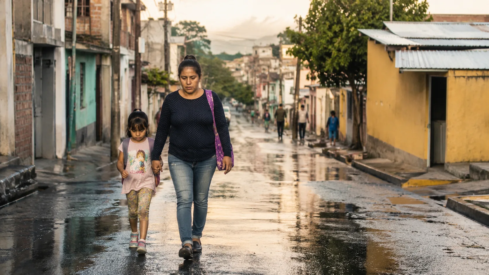 Mujer y niña caminan por una calle latinoamericana mojada después de la lluvia, imagen sobre espiritualidad cristiana en tiempos inciertos.