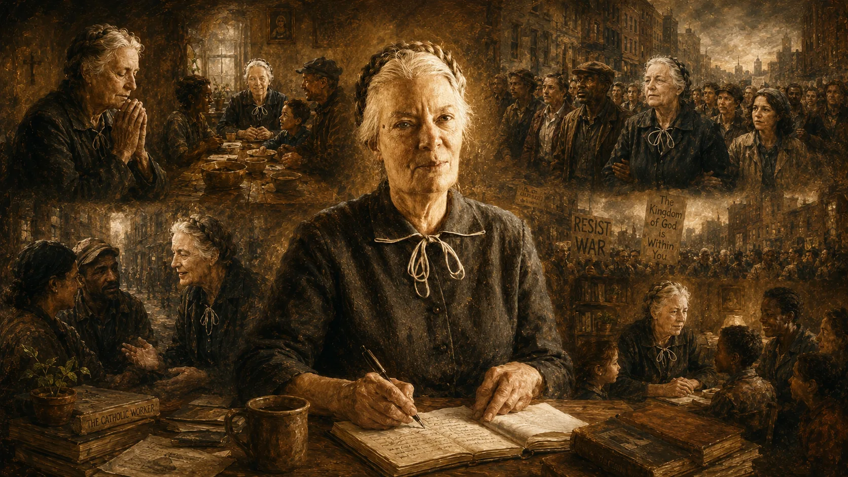 Dorothy Day escribiendo, rodeada de escenas de oración, hospitalidad, justicia social, comunidad y resistencia pacífica.