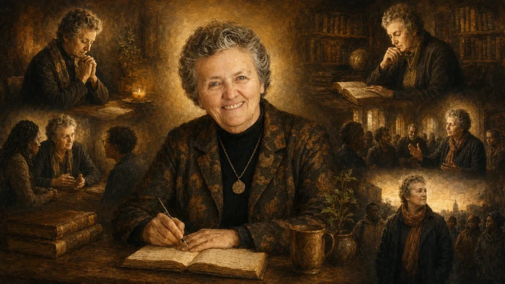 Joan Chittister escribiendo, orando y acompañando comunidades en una ilustración sobre espiritualidad madura y comprometida.