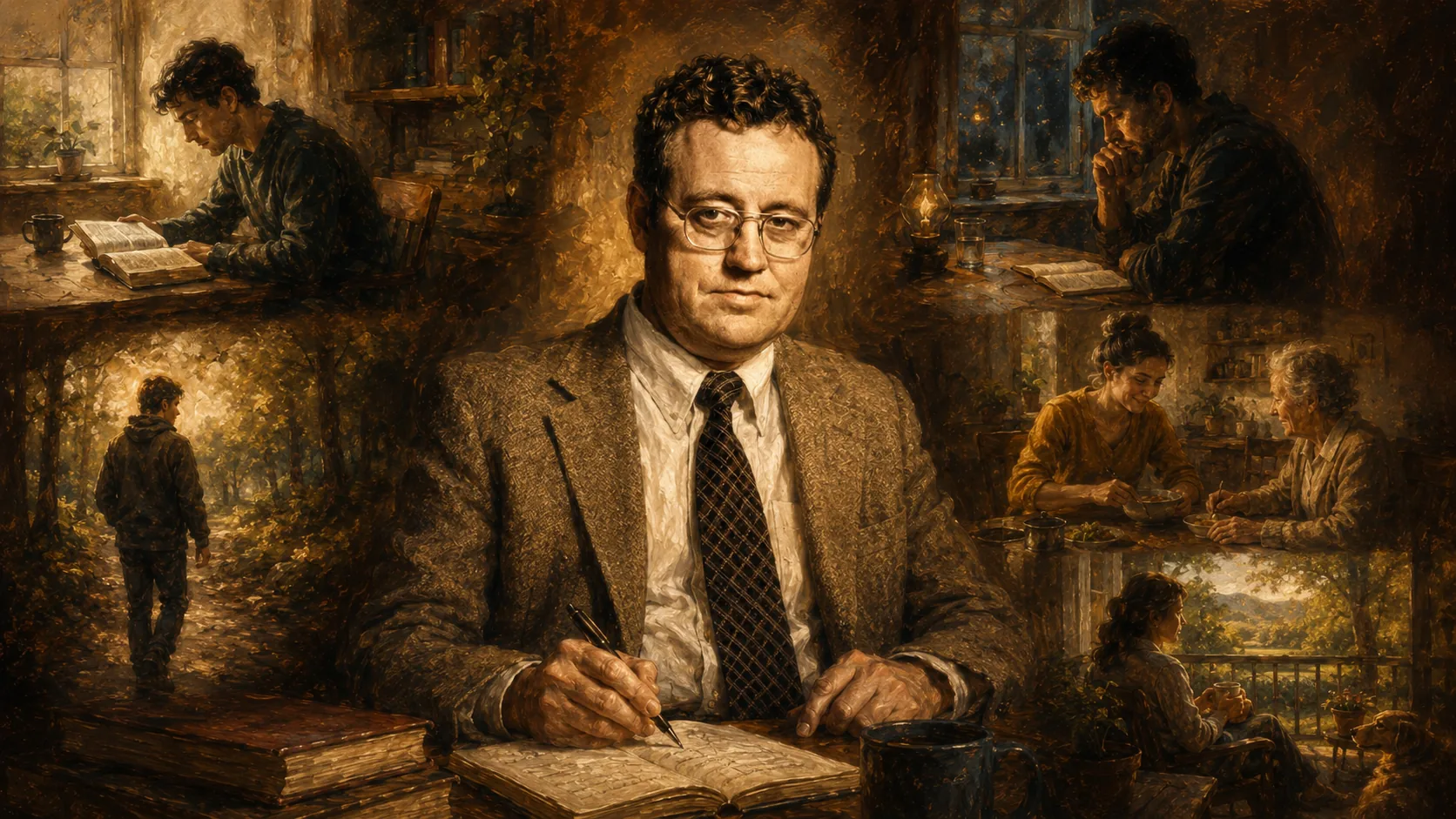 Dallas Willard escribiendo en un cuaderno, rodeado de escenas de oración, lectura, servicio y descanso como prácticas de formación espiritual cristiana.