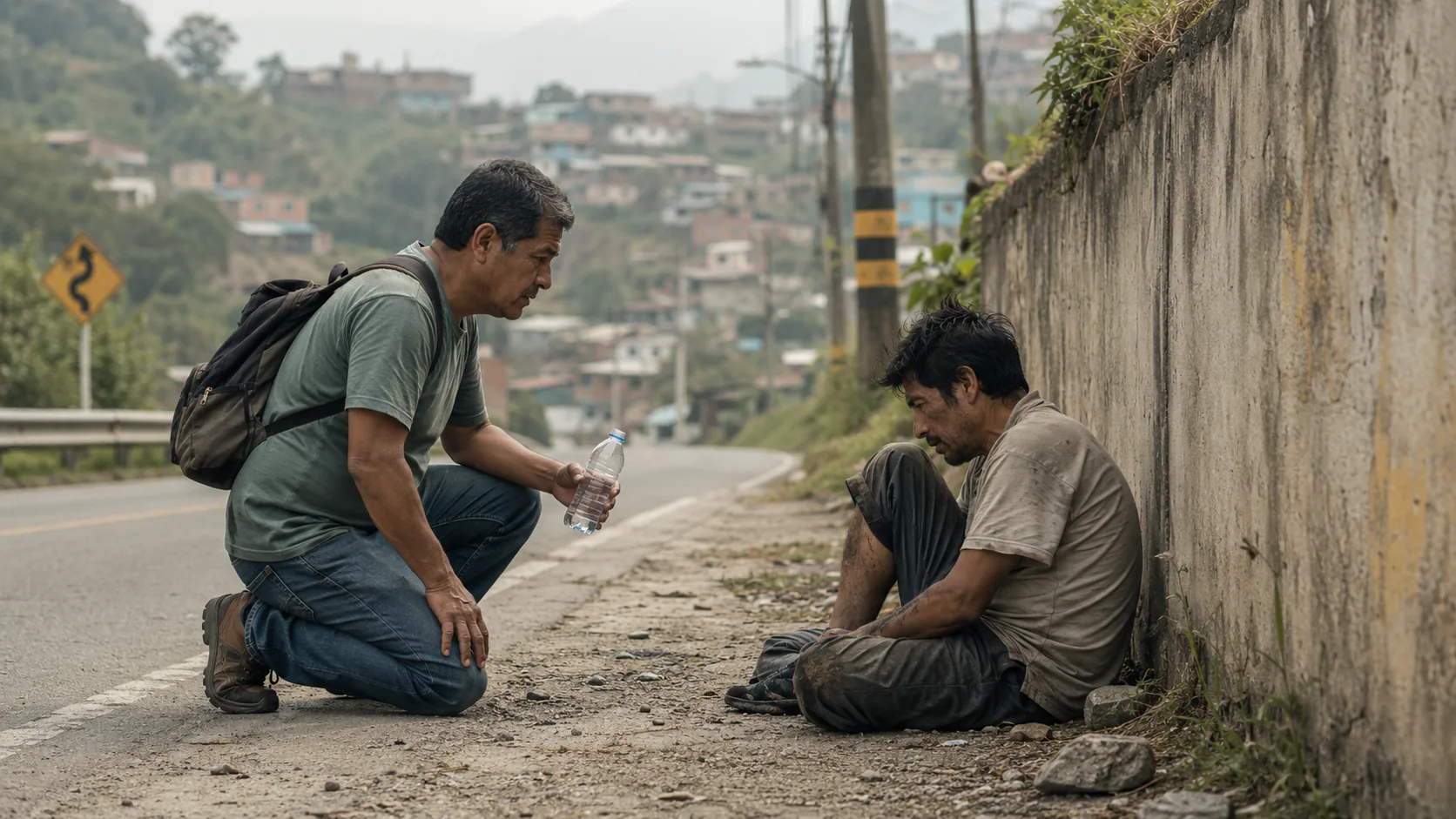 Hombre se detiene en una carretera latinoamericana para ofrecer agua y ayuda a otro hombre sentado junto a un muro, inspirado en la parábola del buen samaritano.