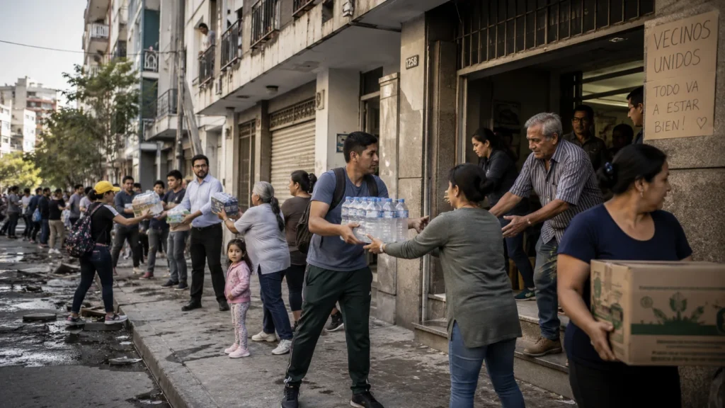 Vecinos organizados en una cadena solidaria distribuyen agua y alimentos tras una emergencia en una comunidad urbana latinoamericana.