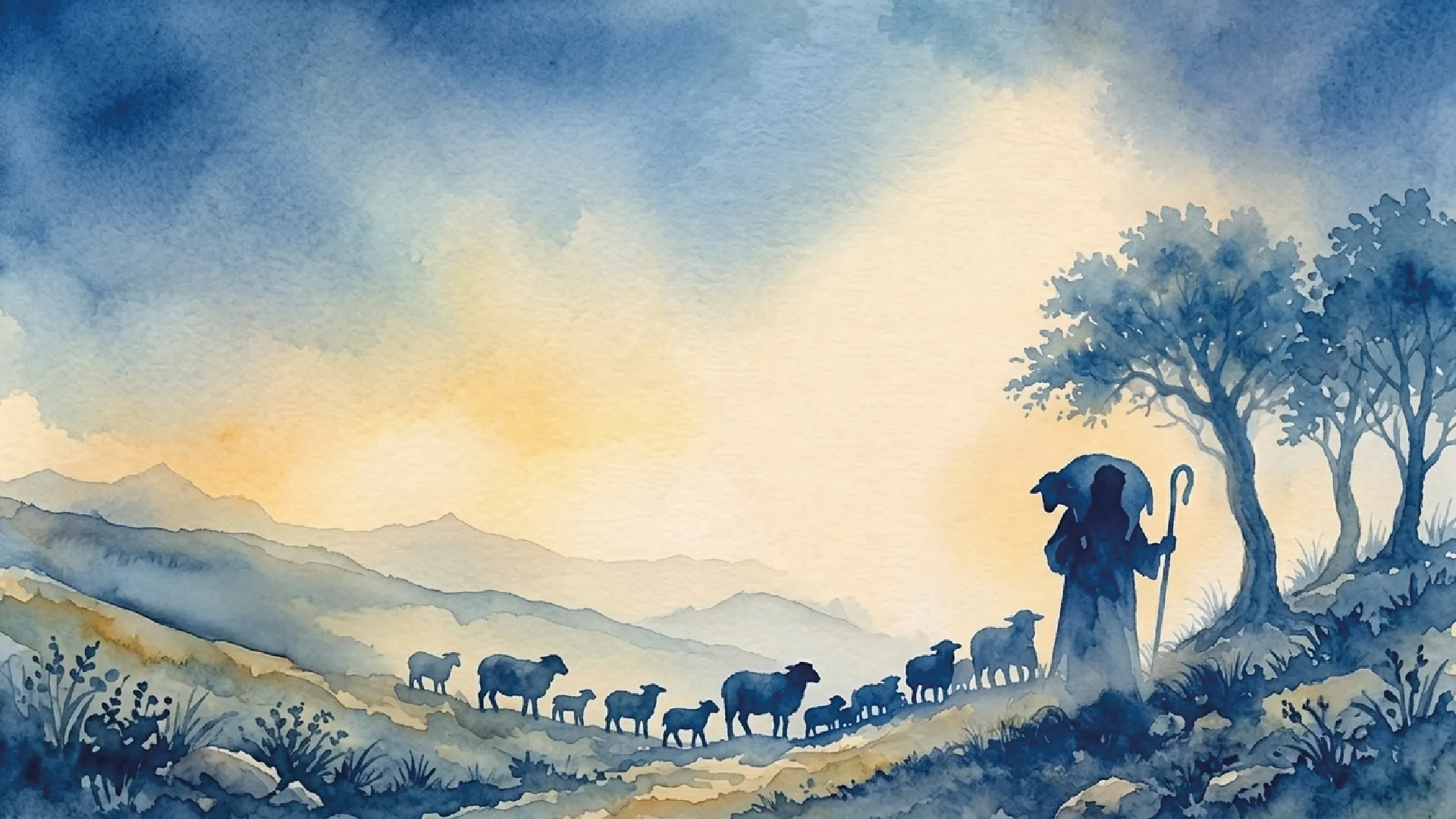 Ilustración en acuarela del Buen Pastor cargando una oveja y guiando un rebaño entre montañas, símbolo de la Pastoral de la Ternura y el acompañamiento cristiano.