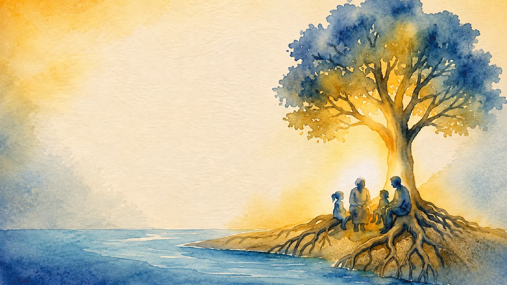 Ilustración en acuarela de una familia reunida bajo un árbol junto al agua, con luz cálida y raíces visibles, en una escena de cuidado, comunidad y ternura.