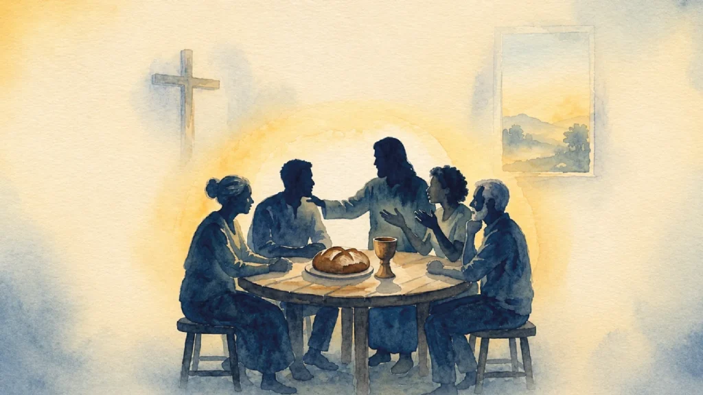 Ilustración en acuarela de una comunidad cristiana reunida alrededor de una mesa, compartiendo pan y acompañamiento como expresión de la Pastoral de la Ternura.