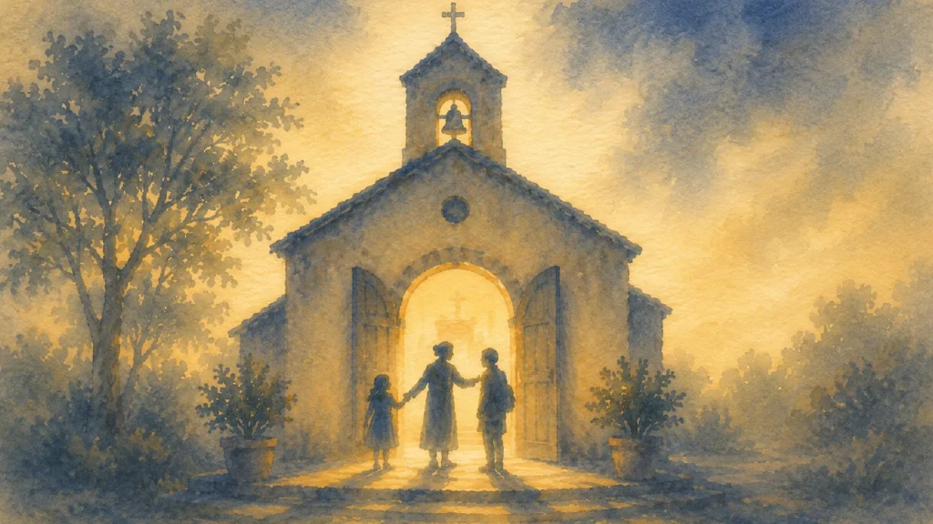 Ilustración de una iglesia con puertas abiertas y personas entrando como símbolo de cuidado, sanación y Pastoral de la Ternura en tiempos de crisis.