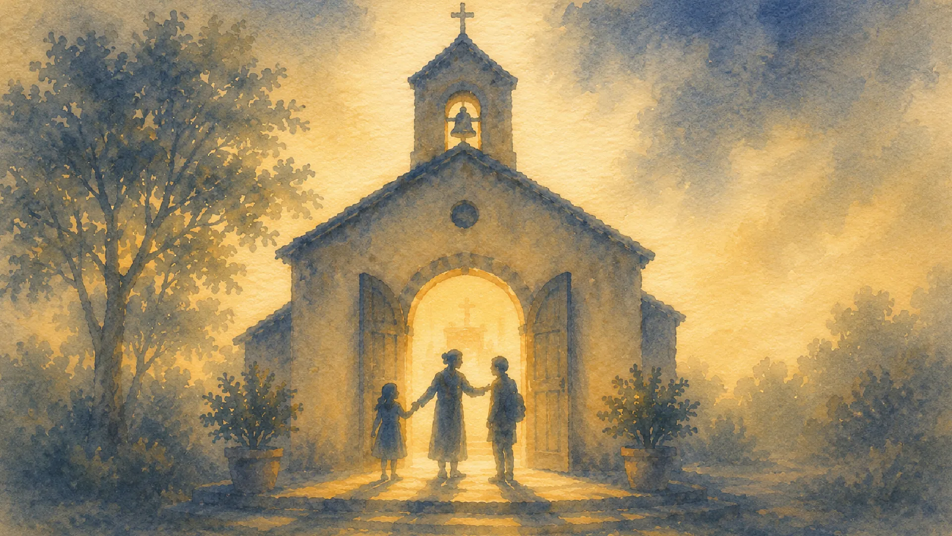 Ilustración de una iglesia con puertas abiertas y personas entrando como símbolo de cuidado, sanación y Pastoral de la Ternura en tiempos de crisis.