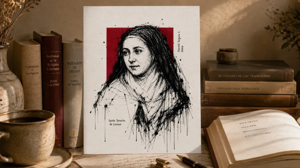 Retrato editorial de Santa Teresita de Lisieux junto a libros de espiritualidad cristiana y Reforma protestante, en una escena sobre la gracia.