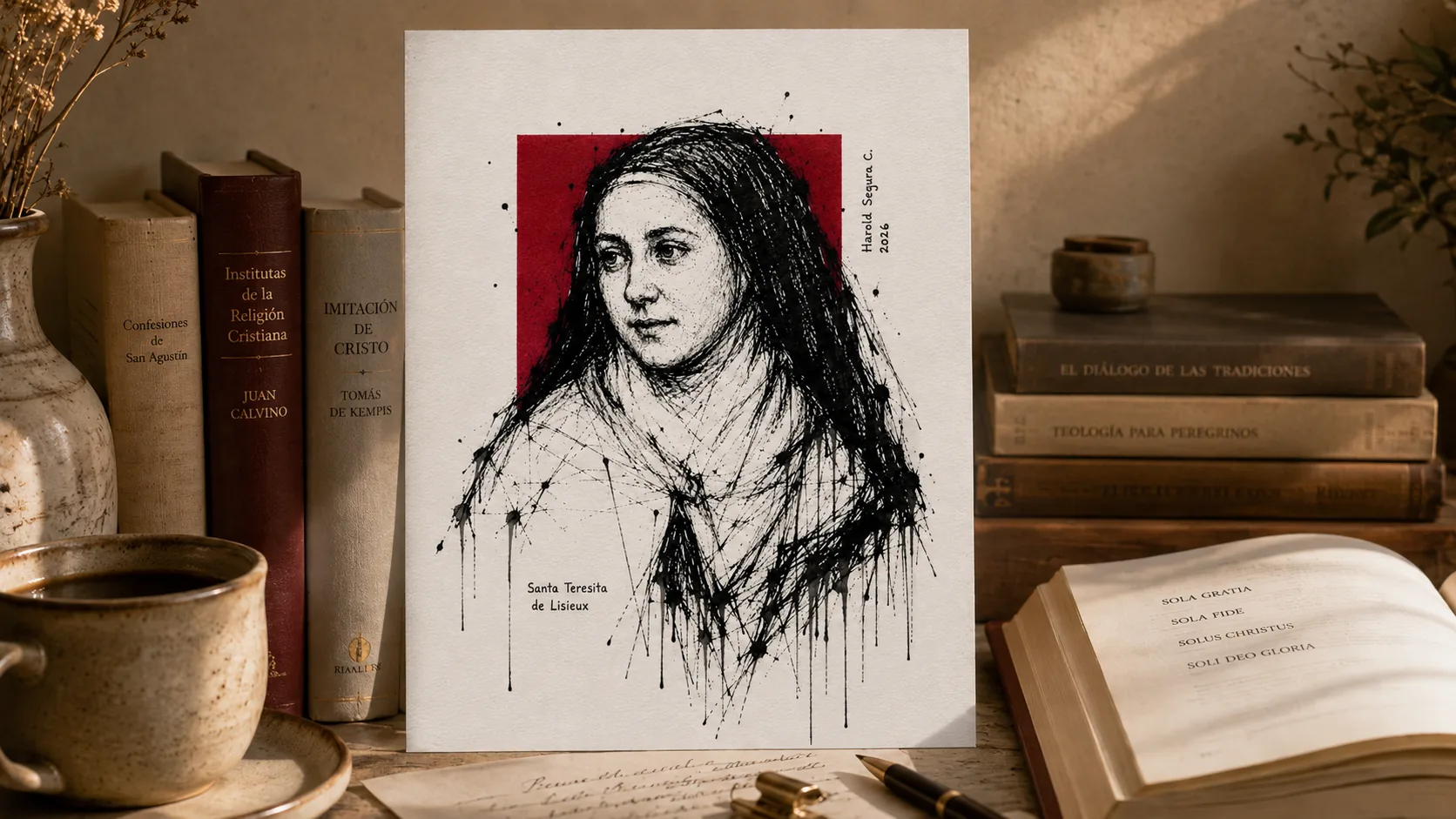 Retrato editorial de Santa Teresita de Lisieux junto a libros de espiritualidad cristiana y Reforma protestante, en una escena sobre la gracia.