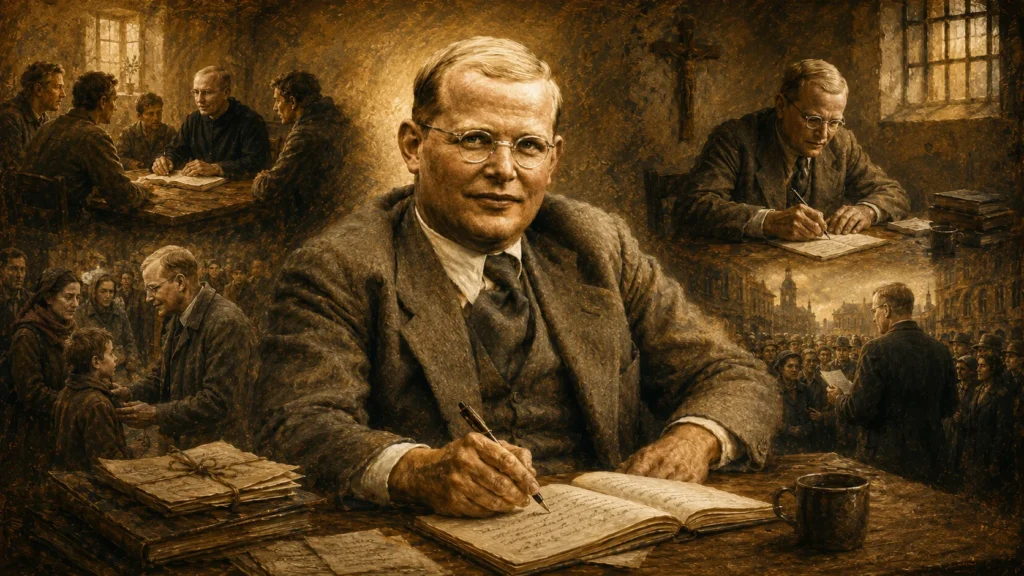 Dietrich Bonhoeffer escribiendo, rodeado de escenas de comunidad, resistencia cristiana y responsabilidad frente a la injusticia.