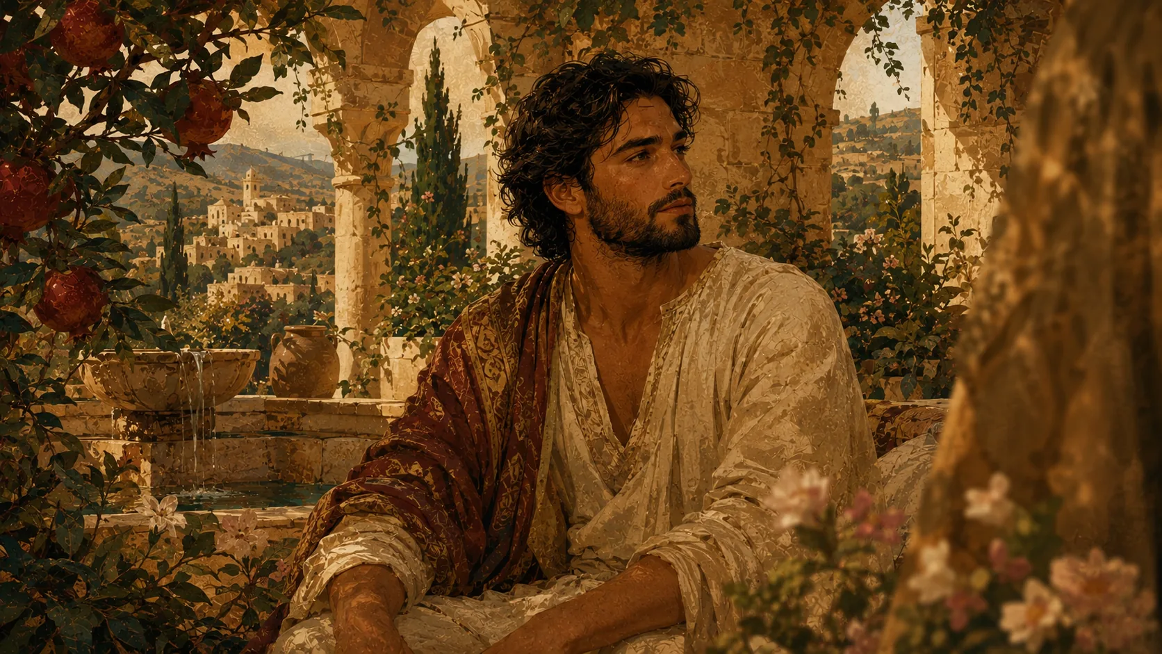 Ilustración del Amado de Cantar de los Cantares en un jardín, evocando eros, alteridad, deseo y nuevas masculinidades.
