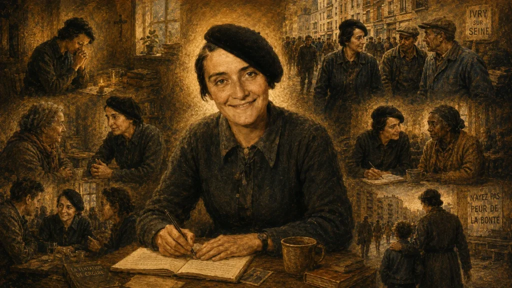 Madeleine Delbrêl escribe rodeada de escenas de oración, diálogo y vida cotidiana en las calles de Ivry-sur-Seine.
