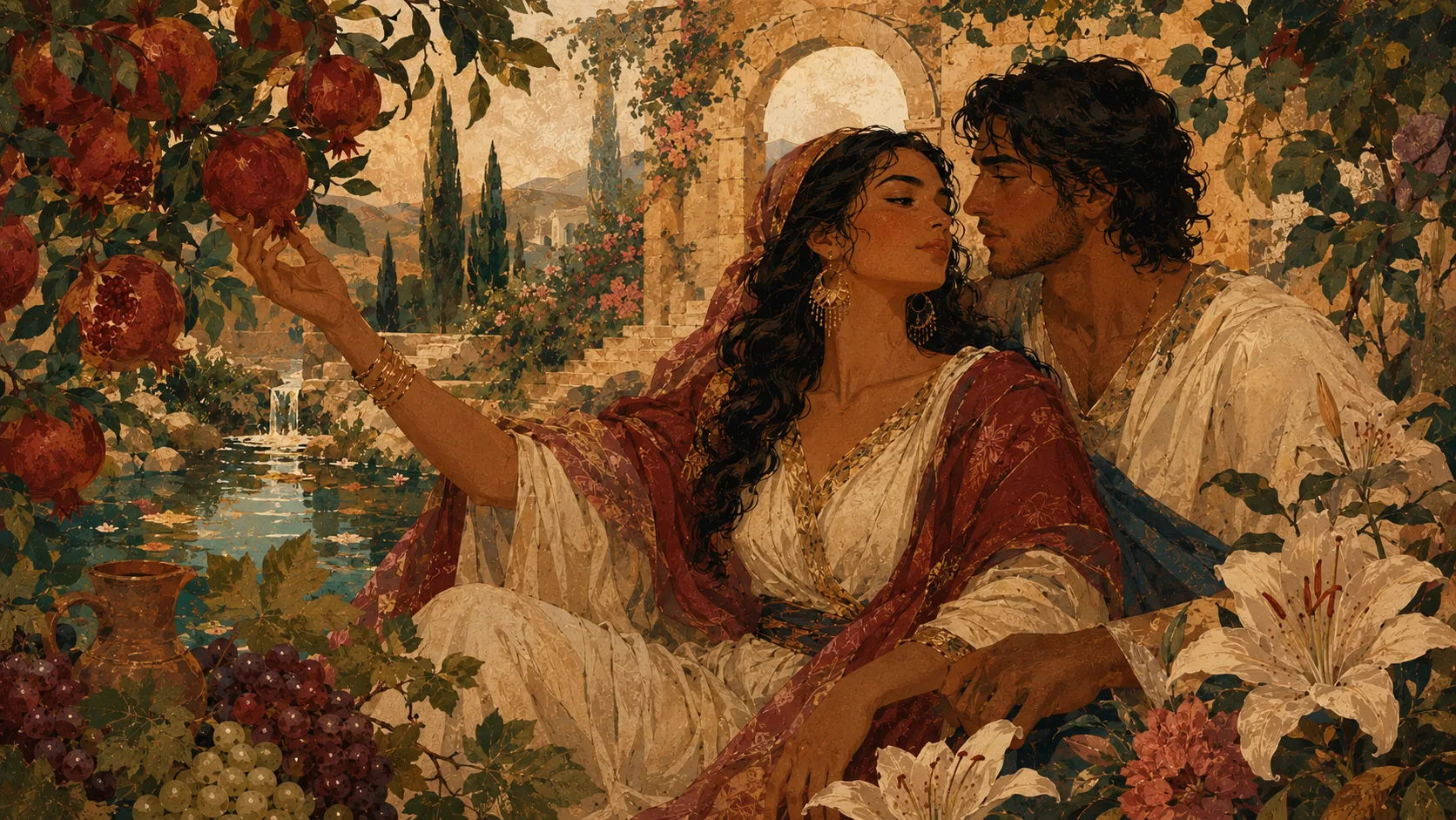 Pareja en un jardín con granadas, uvas y lirios, inspirada en una lectura teológica del erotismo y la reconciliación entre Génesis y el Cantar de los Cantares.