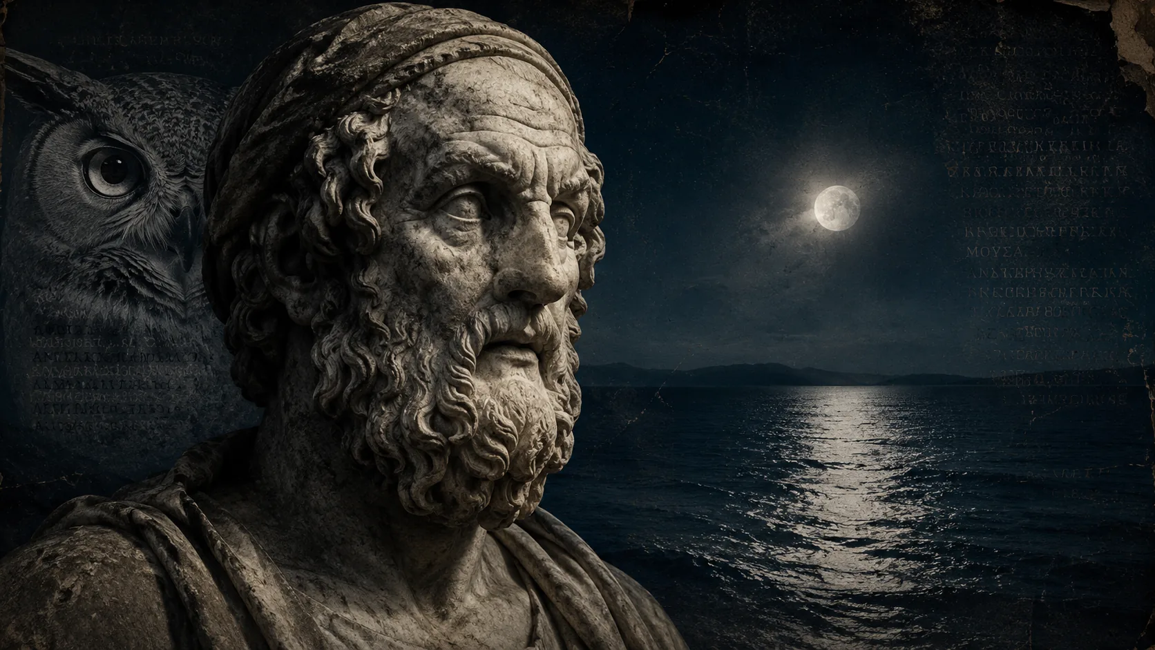 Busto de Homero junto a una lechuza frente al mar iluminado por la luna, imagen sobre las etimologías de la Odisea.