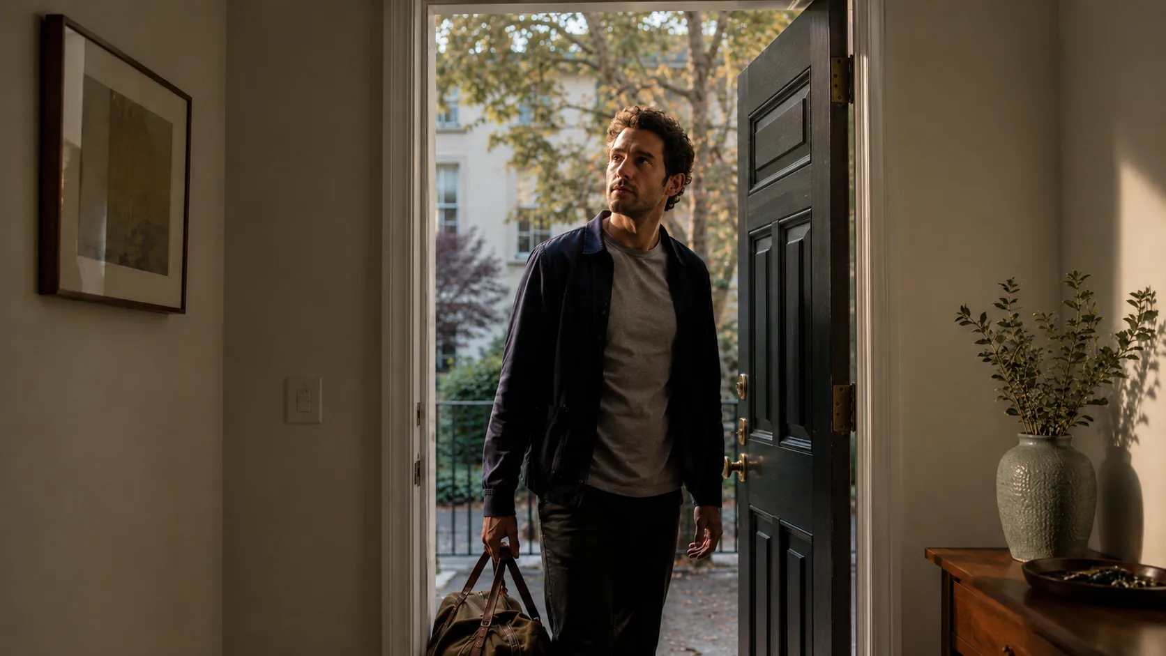 Hombre regresa a casa con una bolsa de viaje, imagen que evoca el nóstos, el hogar y las etimologías de la Odisea.