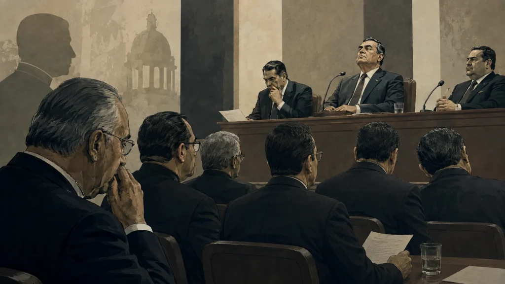 Ilustración editorial de líderes evangélicos reunidos ante autoridades políticas en una audiencia formal, símbolo de la relación entre fe, poder y legitimación política.