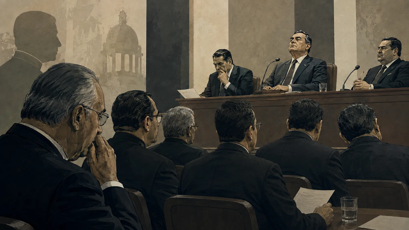 Ilustración editorial de líderes evangélicos reunidos ante autoridades políticas en una audiencia formal, símbolo de la relación entre fe, poder y legitimación política.