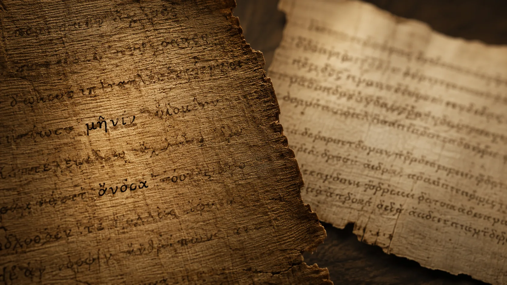 Fragmentos de manuscritos griegos antiguos con las palabras μῆνιν y ἄνδρα destacadas, alusivas al inicio de la Ilíada y la Odisea.