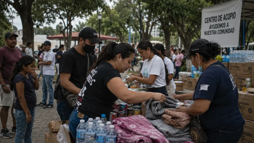 Voluntarios organizan agua, alimentos y mantas en un centro de acopio comunitario instalado en un parque tras un terremoto en Colombia.
