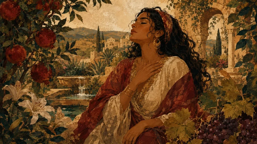 Mujer en un jardín con granadas, uvas, lirios y una fuente, evocando la sexualidad femenina en el Cantar de los Cantares.
