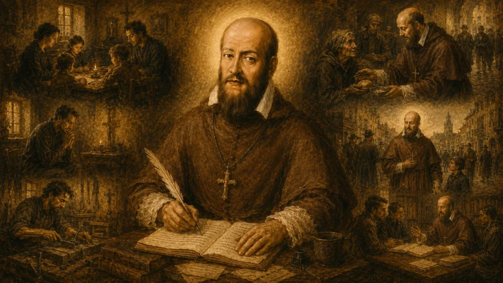 Francisco de Sales escribiendo, rodeado de escenas de oración, trabajo, servicio y vida cotidiana inspiradas en su espiritualidad cristiana.